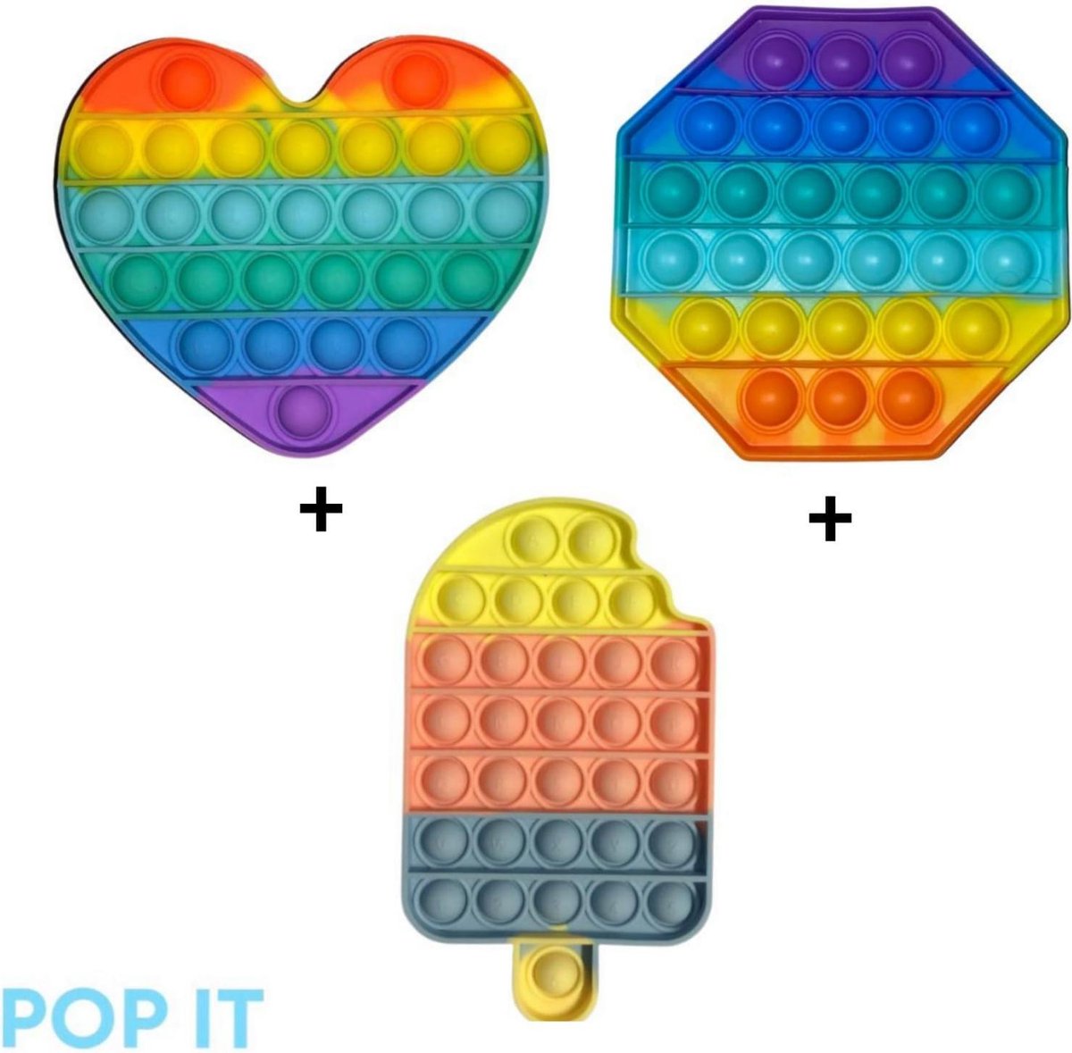 POP IT | Fidget toys pakket | Unieke Set 3 in 1  Multicolor ijsje + Regenboog hartje & achthoek | Meisjes√ jongens√ volwassenen√ | Trend 2021 | Anti stress | Cadeautip